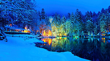 Frozen Lake in Switzerland, trees, house, ice, snow, lights HD wallpaper