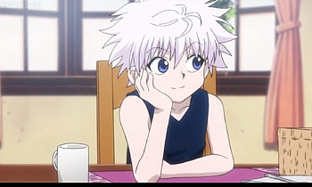 Killua Zoldyck, silver hair, chair, cute, beauty, nice, bly, zoldyck, short hair, adorable, male, table, sweet, scene, beautiful, cup, kawaii, hunter x hunter, anime, pretty, killua, lovely, guy HD wallpaper