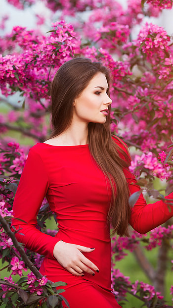 blossom, pink flower, brunette, long hair, red dress, woman, model HD phone wallpaper