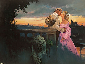 Kiss At Dawn, fantasy, man, kiss, flowers, lion, castle, woman HD wallpaper
