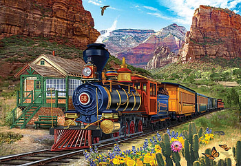 Stopping at Dry Gulch, train, rocks, canyons, artwork, painting, railways HD wallpaper