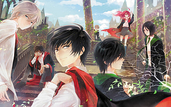 Happy times!, severs snape, uniform, anime boys, lily evans, marauders, glasses, short hair, trees, castle, female, wizards, smile, anime girl, leaves, anime, fantasy, white hair, harry potter, sirius black, green eyes, remus lupin, red hair, long hair, male, black eyes, james potter, regulus black, magic, black hair, grey eyes, wind, air, lights, sky HD wallpaper