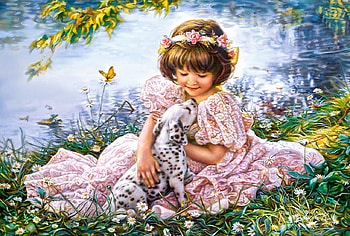 Little girl with puppy dalmatian, art, girl, chil, dalmatian, lake, copil, dog, summer, puppy, water, vara HD wallpaper