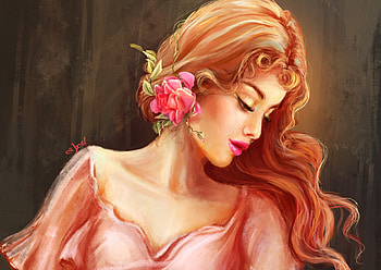 Beauty, art, girl, pink, fantasy, flower, face, abeer malik, redhead, luminos HD wallpaper