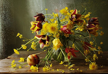 Still Life, colorful, vase, colors, tulips, spring, pretty, yellow, spring flowers, nature, flowers, lovely HD wallpaper