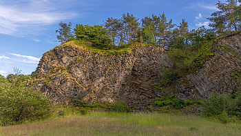 Basalt columns, Germany, Lower Franconia, clouds, landscape, sky, rocks, trees HD wallpaper