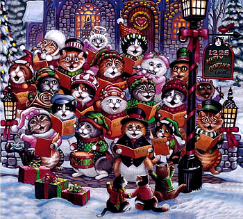 Purrfect Harmony - Cats F, winter, December, art, cats, feline, beautiful, illustration, artwork, scenery, occasion, wide screen, holiday, painting, Christmas, snow, pets HD wallpaper