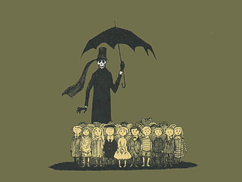 Edward Gorey, umbrella, children, windy, skeleton HD wallpaper