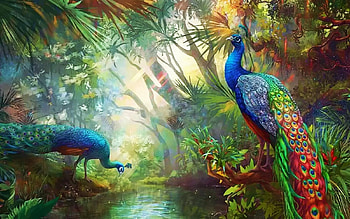 Peacocks, river, digital, birds, art, trees HD wallpaper