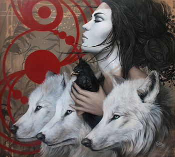 Wild woman risig, sophie wilkins, pictura, face, girl, wolf, lup, art, painting, fantasy, rofile HD wallpaper