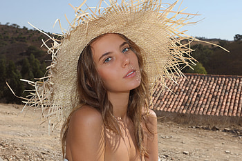 Katya Clover, outdoors, model, hat, brunette HD wallpaper
