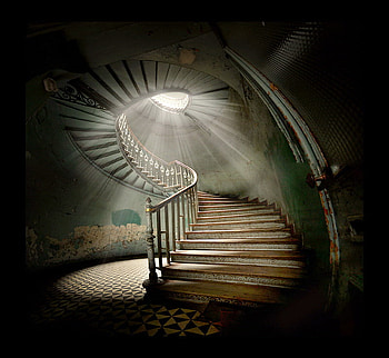 Staircase, spiral, light rays, railing HD wallpaper