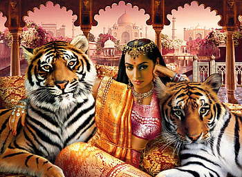 Indian Princess, fantasy, palace, flowers, princess, tigers, indian, woman HD wallpaper