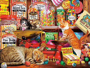 Sweet Shop, kitten, animal, art, cute, cat, pisica, painting, pictura, luminos HD wallpaper