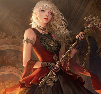 Golden Key, black, long hair, gold, dress, lady, abstract, blonde hair, fantasy woman, female, golden, sweet, art, beautiful, woman, key, fantasy, pretty, red, lovely HD wallpaper