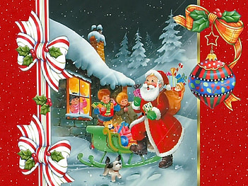 Santa brings joy to children, winter, colorful, fun, snowflakes, holiday, snow, trees, ride, new year, bring, children, ribbon, house, kids, eve, gifts, balls, santa claus, tree, cabin, sledge, decoration, presents, christmas, lights, noel, deers, cottage, joy, evening, village, home HD wallpaper