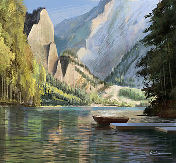 Trees, Art, Mountains, Rocks, Pier, Boat HD wallpaper