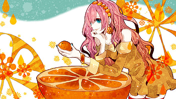 Orange, blue, white, luka, ribbon, 03, vocaloid, dress, brown, fruit, megurine, pattern HD wallpaper