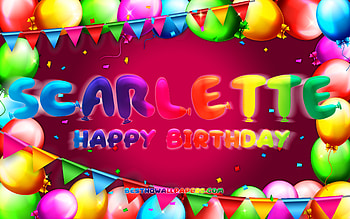 Happy Birtay Scarlette, , colorful balloon frame, Scarlette name, purple background, Scarlette Happy Birtay, Scarlette Birtay, popular american female names, Birtay concept, Scarlette HD wallpaper