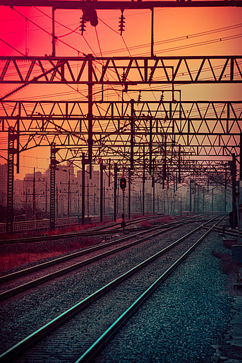 Sunset, Miscellanea, Miscellaneous, Construction, Design, Railway, Traffic Light, Rails HD phone wallpaper