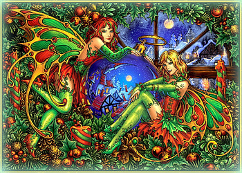~Garden Fairies~, winter holidays, colors, beautiful girls, traditional art, magical, drawings, female, model, weird things people wear, paintings, creative pre-made, fantasy, christmas, cool, softness beauty, girls, fairies, xmas and new year, lovely HD wallpaper