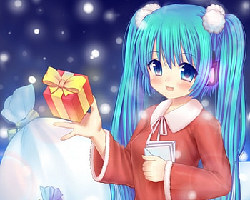 Miku Present, winter, cute, present, twin tails, long hair, holiday, snow, twintails, happy, adorable, blue hair, female, sweet, merry christmas, blue eyes, smile, girl, adore, kawaii, anime girl, anime, aqua hair, christmas HD wallpaper