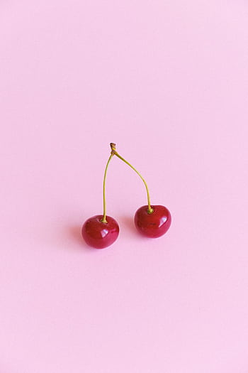 Close-up of ripe twin cherries on a pastel pink background, creating a fresh and vibrant look. HD phone wallpaper