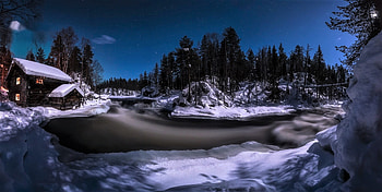 Moonlight, winter, fime, moon, house HD wallpaper