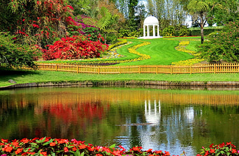 Spring reflections, river, colorful, spring, reflections, trees, greenery, pond, slope, gazebo, garden, beautiful, grass, lake, park, pretty, nature, flowers, lovely HD wallpaper