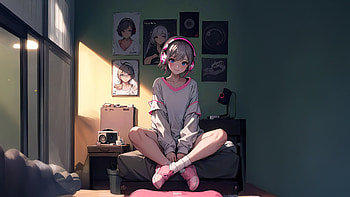 Anime Girl With Pink Heads And Posters, anime-girl, heads, room, artist, artwork, art, digital-art, ai, deviantart HD wallpaper