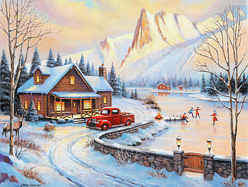 Skating In The Rockies, painting, car, snow, trees, street, cottage, mountains, ice HD wallpaper