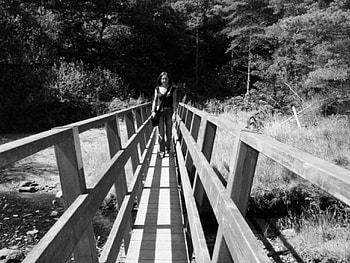 Bridge, trees, nature, girl, country, stream HD wallpaper