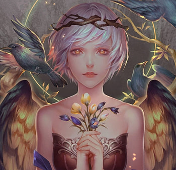 Wings of Desire, blue, cute, angel, beauty, lady, abstract, short hair, fantasy woman, female, wings, art, soft, beautiful, fantasy, pretty, yellow, white hair, flowers, lovely HD wallpaper