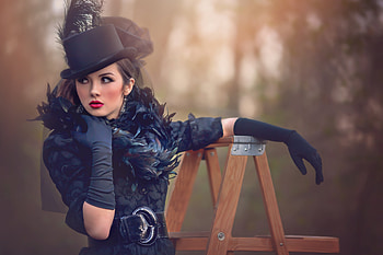 Beauty, black, feather, model, girl, gloves, hat, woman HD wallpaper
