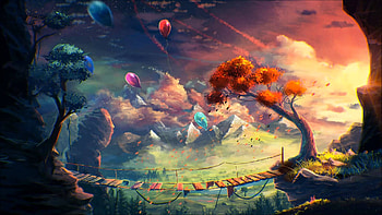 Light of Dawn, balloons, planet, art, colors, bridge, tree HD wallpaper