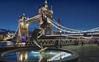 London Bridge, Tower Bridge, Night fountain dolphin HD wallpaper
