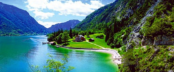 Mountain Lake, Tyrol, emerald green water, house, meadow, beautiful, lake, clouds, Austria, fjord of the Alps, mountains, forest HD wallpaper