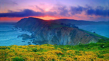 Point Reyes National Seashore, Marin County, California, hills, pacific, landscape, clouds, sky, usa, ocean, sunset HD wallpaper