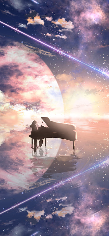 starry sky, shooting star, piano, Anime HD phone wallpaper