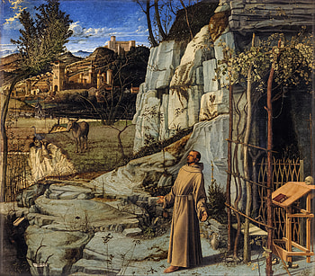 Giovanni Bellini - St. Francis in the Desert (~1480), christian, monk, solitude, cave, artistic, painting HD wallpaper
