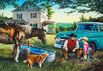 Cowboy Dreams, man, car, dog, horse, painting, house, child HD wallpaper