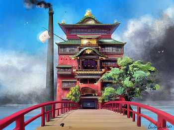 Japan hayao miyazaki trees spirited away bathroom houses spirit ben anime house cloud ghibli bath ch HD wallpaper