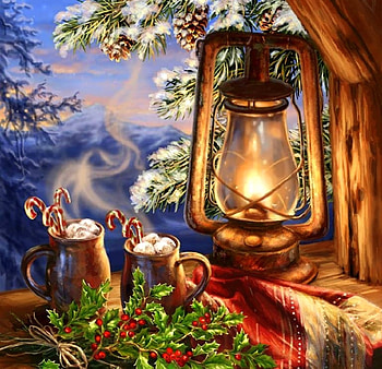 Hot Cocoa of Christmas, winter, holidays, woods, winter holidays, attractions in dreams, forests, paintings, hot cocoa, love four seasons, Christmas, snow, xmas and new year, lantern HD wallpaper
