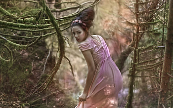 secret, agnieszka lorek, woods, art, girl, woman, pink, green, forest, yazzmin HD wallpaper