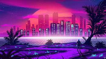 City, retro wave art, music wave, glow HD wallpaper