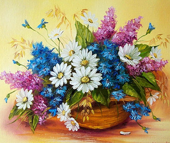 Basket of flower, basket, beautiful, flowers, painting HD wallpaper