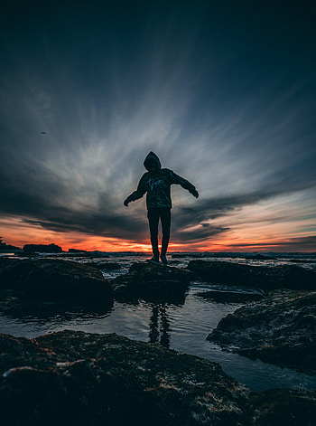 Sunset, Stones, Sea, Dark, Human, Person, Loneliness HD phone wallpaper