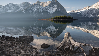 Scenery, Landscape, Trees, Island, Stones, Rocks, Mountains, Snow, Winter, Reflection, Water, Lake, Sky Nature HD wallpaper