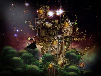 Tree House Fantasy, treehouse, house, sky, stars, woman, tree HD wallpaper