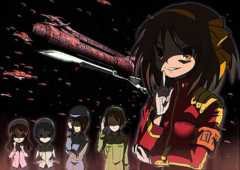 Suzumiya Haruhi , salute, asahina mikuru, uniform, alternate costume, armband, fleet, facepalm, nagato yuki, spacecraft, koizumi itsuki, suzumiya haruhi, space craft, kyon, hat, the day of sagittarius, military, military uniform, smile, ribbon, grin, gloves, suzumiya haruhi no yuuutsu, space, hair ribbon HD wallpaper